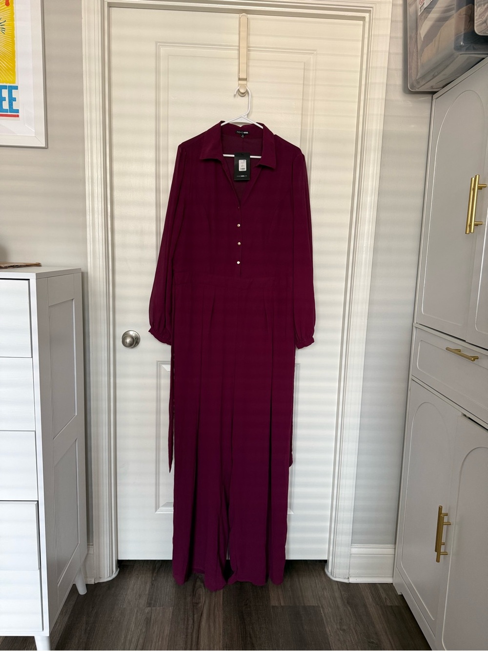 Long Sleeve Burgundy Button-Front Jumpsuit
